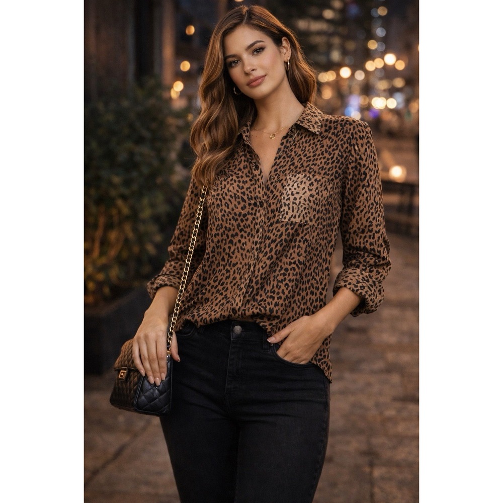 Faded Glory Leopard Print Button Up‎ Blouse Women's Small Roll Tab Sleeve
